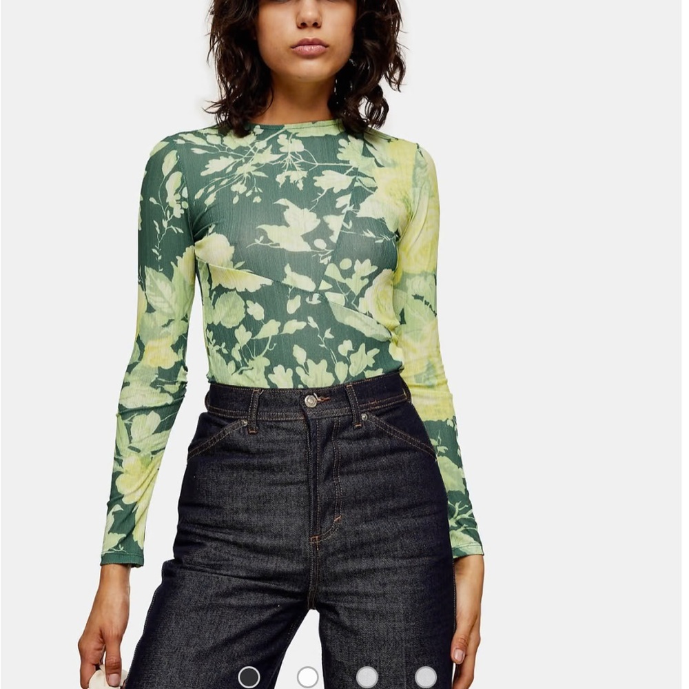Topshop Green and Yellow Fitted Long Sleeve Blouse